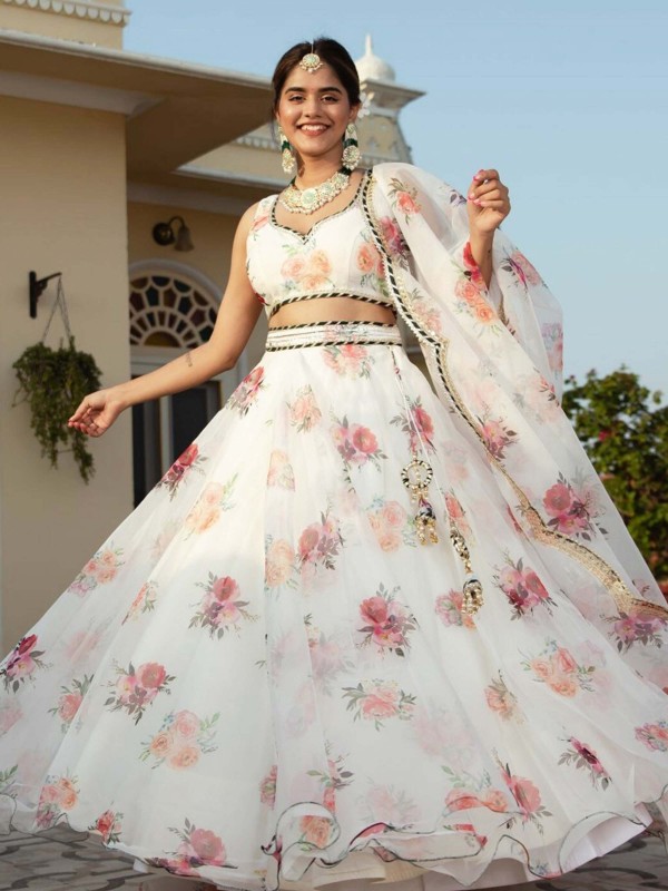 White Organza Digital Print Lehenga Choli